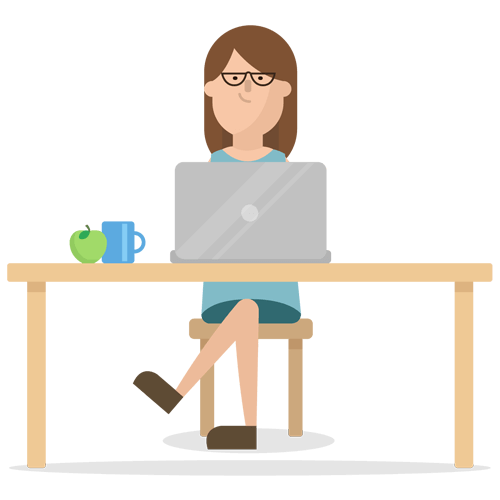 cartoon person with cup, apple and laptop
