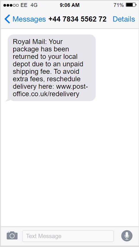 Royal mail parcel scam text