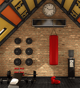 home gym with punchbag and weights