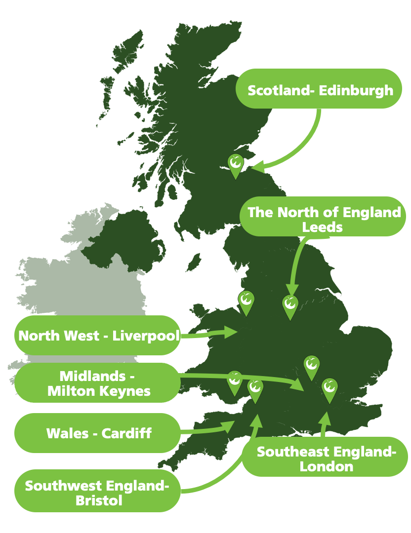 Map showing locations of Fareshare