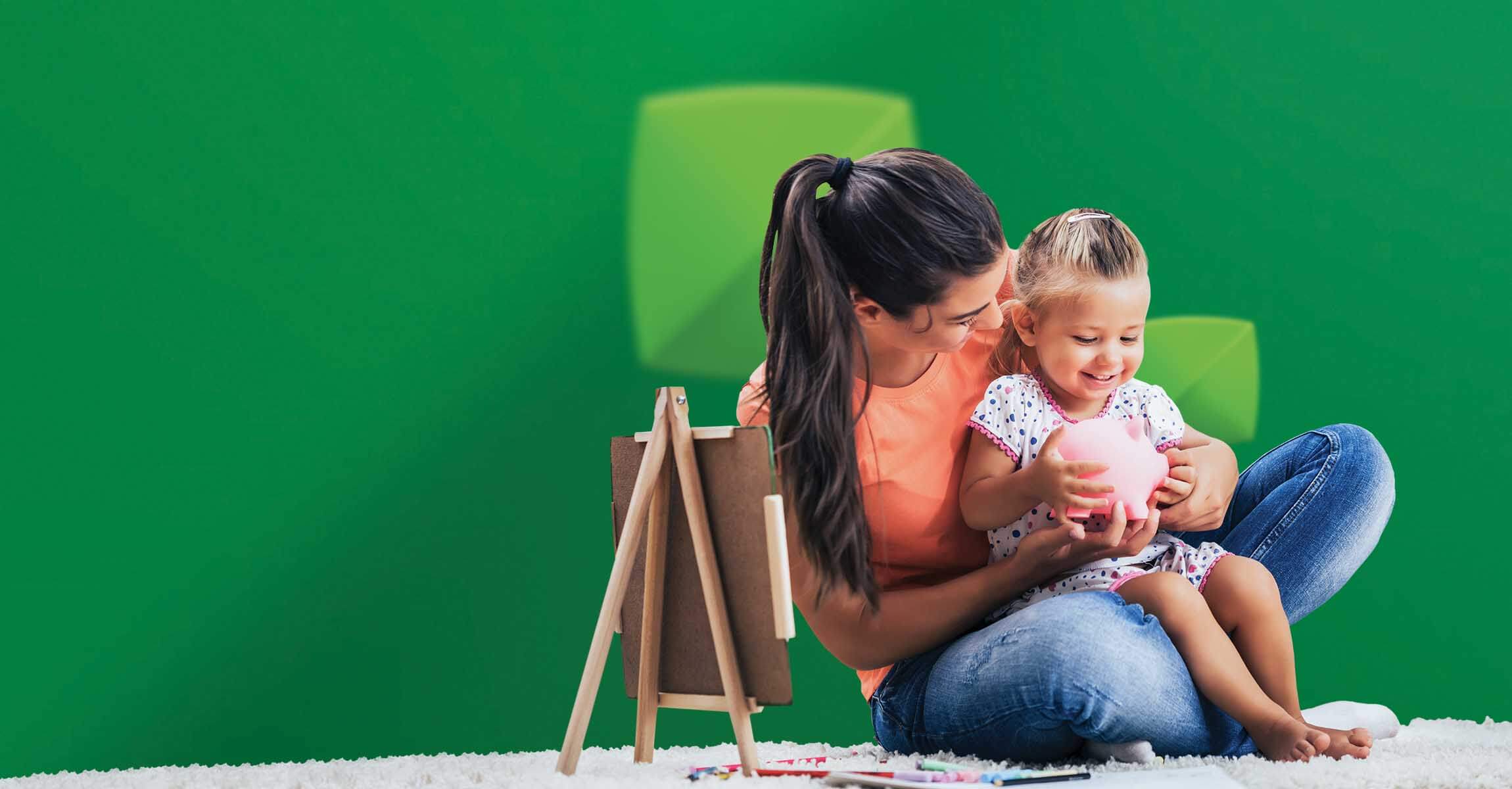 Woman and child with piggy bank