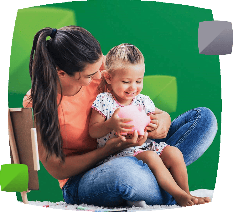 Woman and child with piggy bank