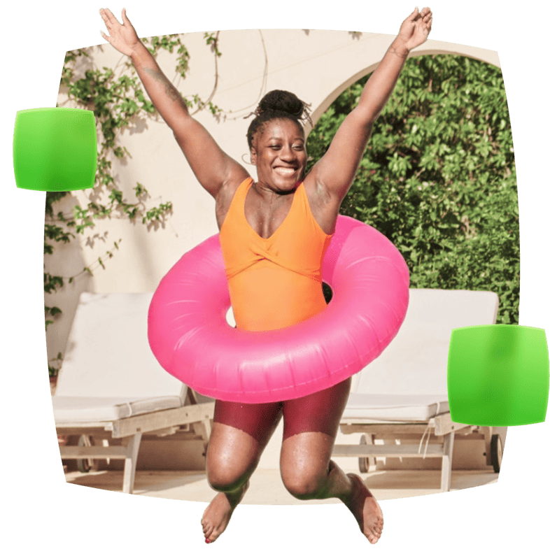 lady in orange swimsuit with rubber ring