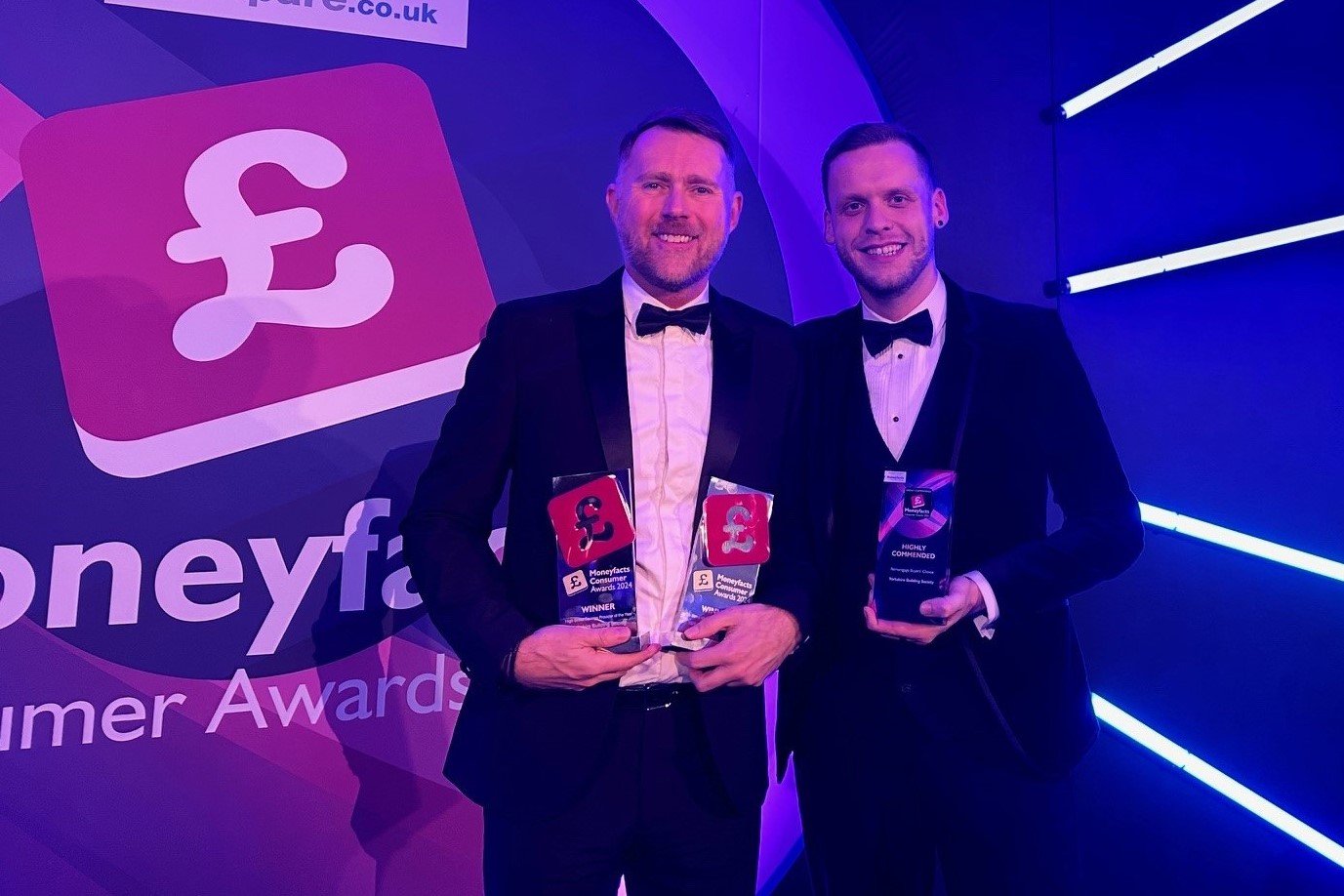 Wayne Measor director of retail distribution and transformation at Yorkshire Building Society collected the awards for High Street Savings and Mortgage Provider of the Year 2024 alongside James Brooks website editor of Moneyfacts.