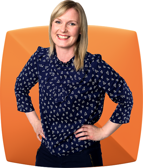woman smiling inside orange squircle