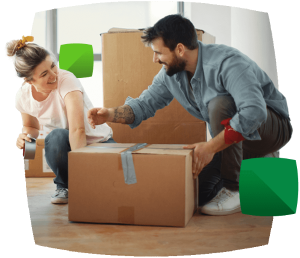 Couple sealing boxes with packing tape
